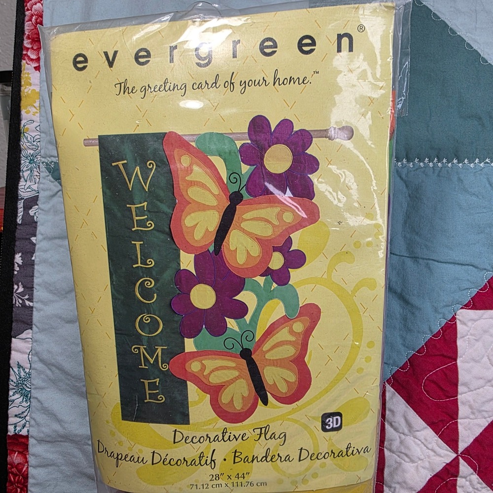 Evergreen Welcome Butterfly Garden 3D Decorative Flag 28x44 Applique Floral New